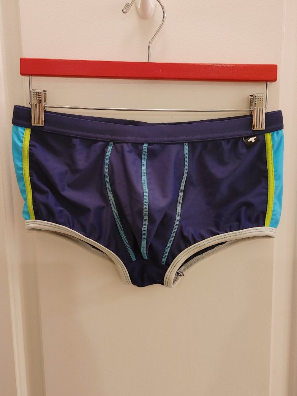 Andrew Christian Show-It Square-Cut Swimsuit - Navy/Aqua/Lime - Large